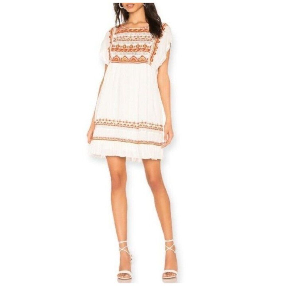 Free People Sunrise Wanderer Ivory Orange Embroidered Mini Dress - Size Small - Picture 2 of 16